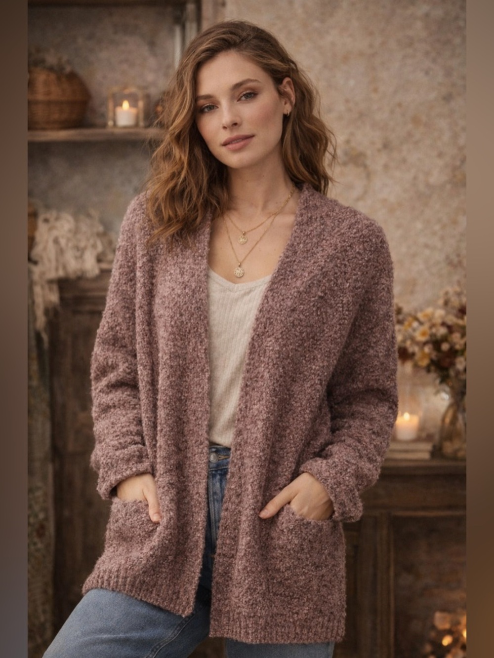 Altar’d State Brown Boucle Cardigan Small Cozy Open Front Soft Textured Sweater